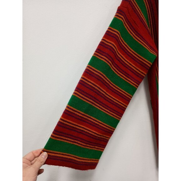 Vintage 90s Sweater Jacket Womens Large Green Red Striped Hooded BOHO Hippie - Picture 11 of 11